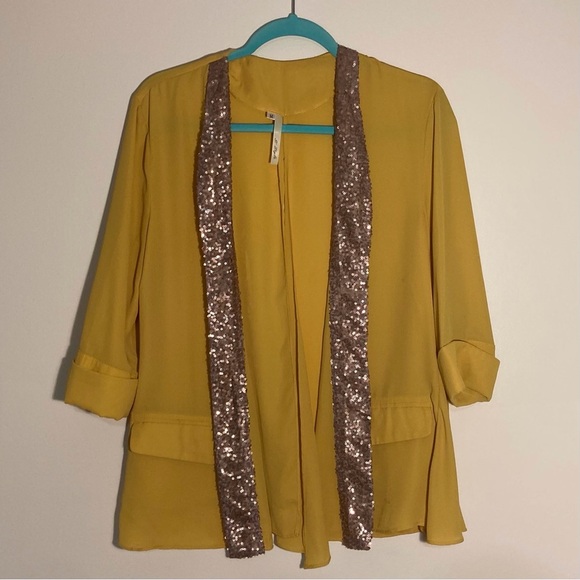 Si Style Brand Chiffon Mustard Jacket with Champagne Sequin Collar | Size M - Picture 1 of 11